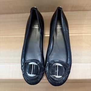 Stuart Weitzman Black Patent Leather Ruched Low Wedge Flats - Size 6.5
